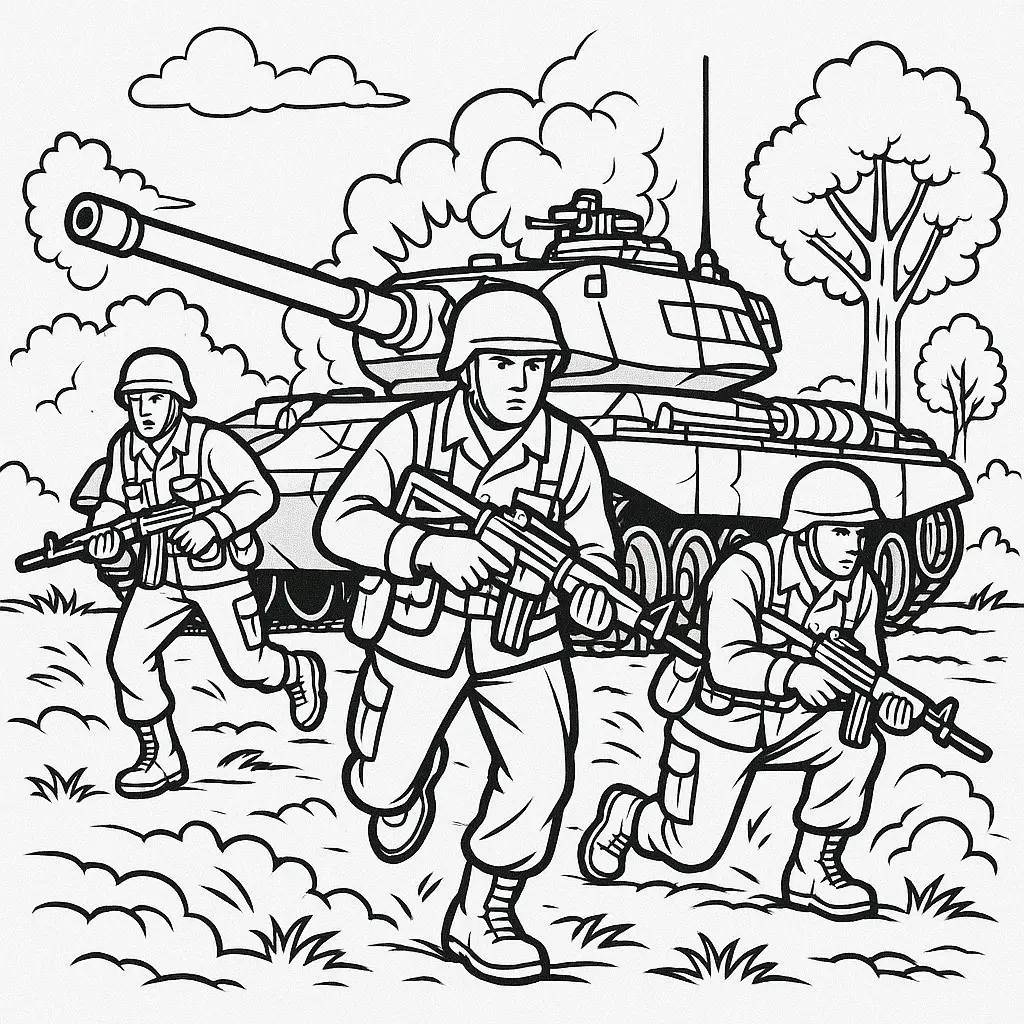 Soldaten Ausmalbild mit Panzer – drei Soldaten in Aktion vor einem Kampfpanzer