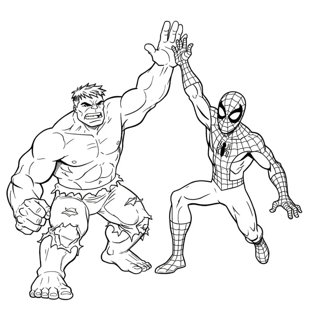 Hulk und Spider-Man schlagen ein High-Five ein – freundschaftliche Szene als Ausmalbild für Kinder.