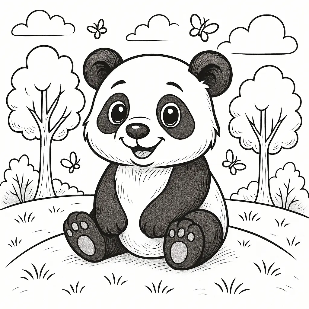Süßer Panda im Wald mit Schmetterlingen – Ausmalbild zum Ausdrucken