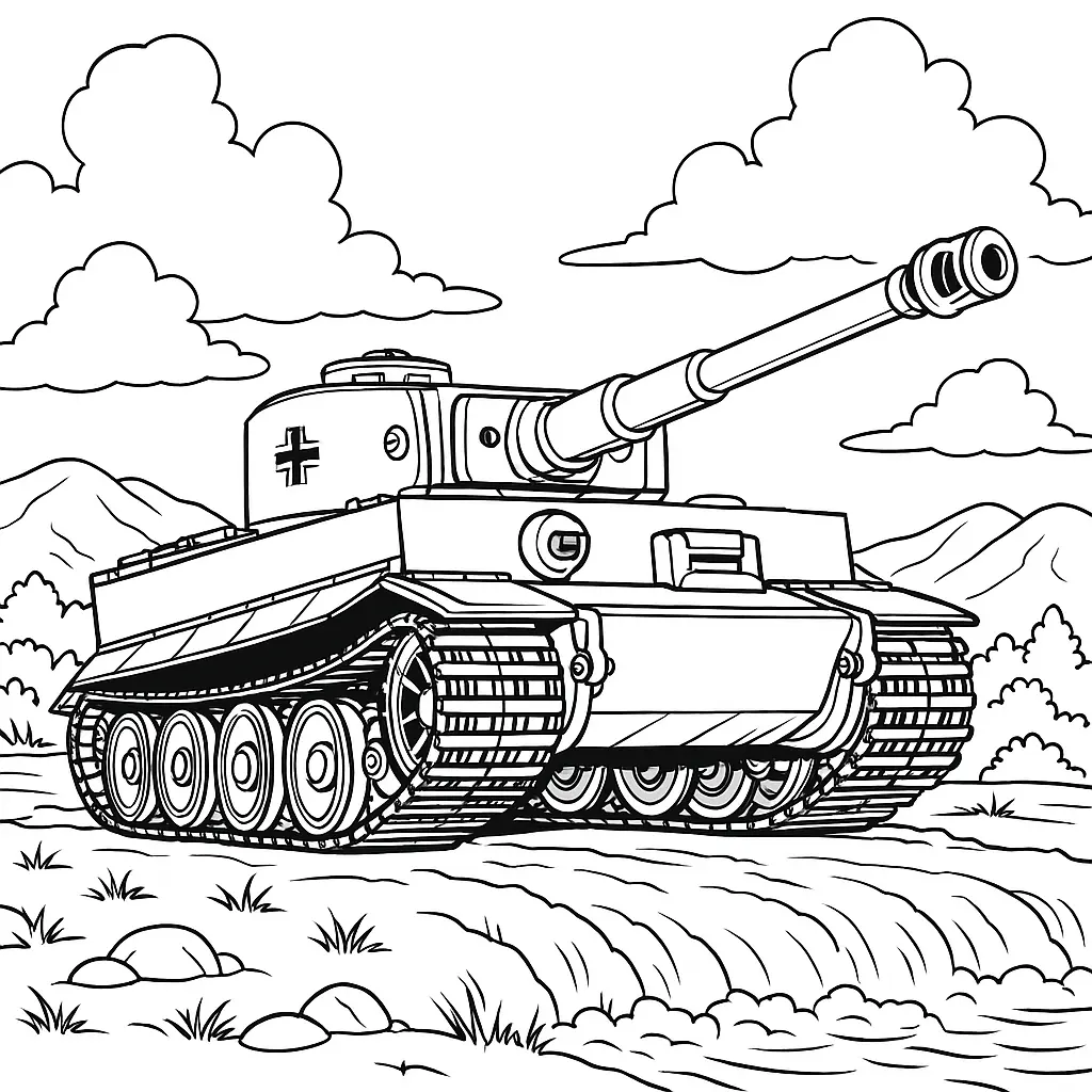 Tiger 1 Panzer Ausmalbild – detaillierter deutscher Panzer auf hügeligem Gelände