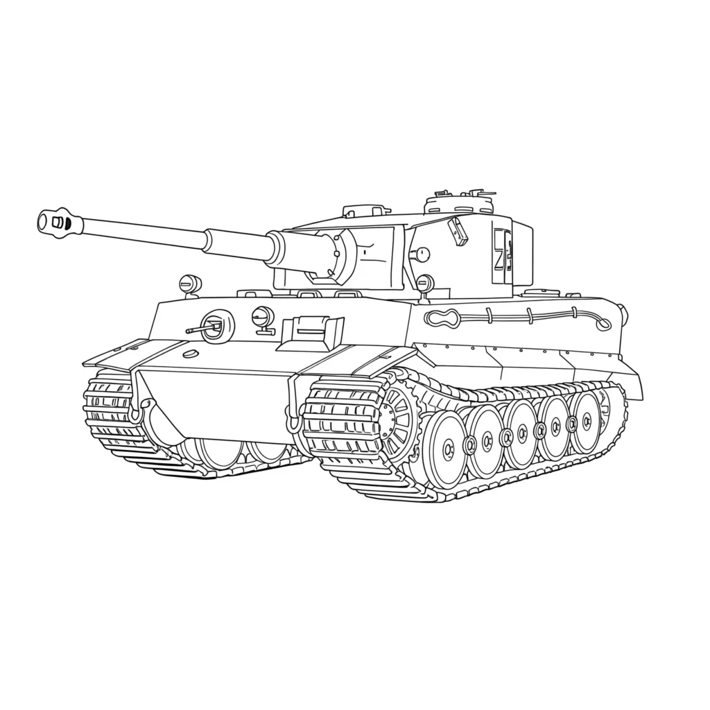 Tiger Tank Malvorlage – schwerer deutscher Panzer auf realistischer Landschaft