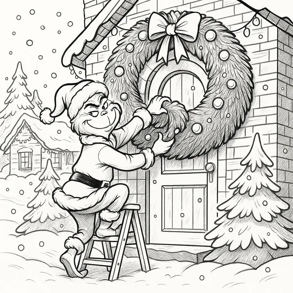 Weihnachts-Grinch-Ausmalbild: Grinch hängt einen großen Weihnachtskranz an eine Tür in Whoville
