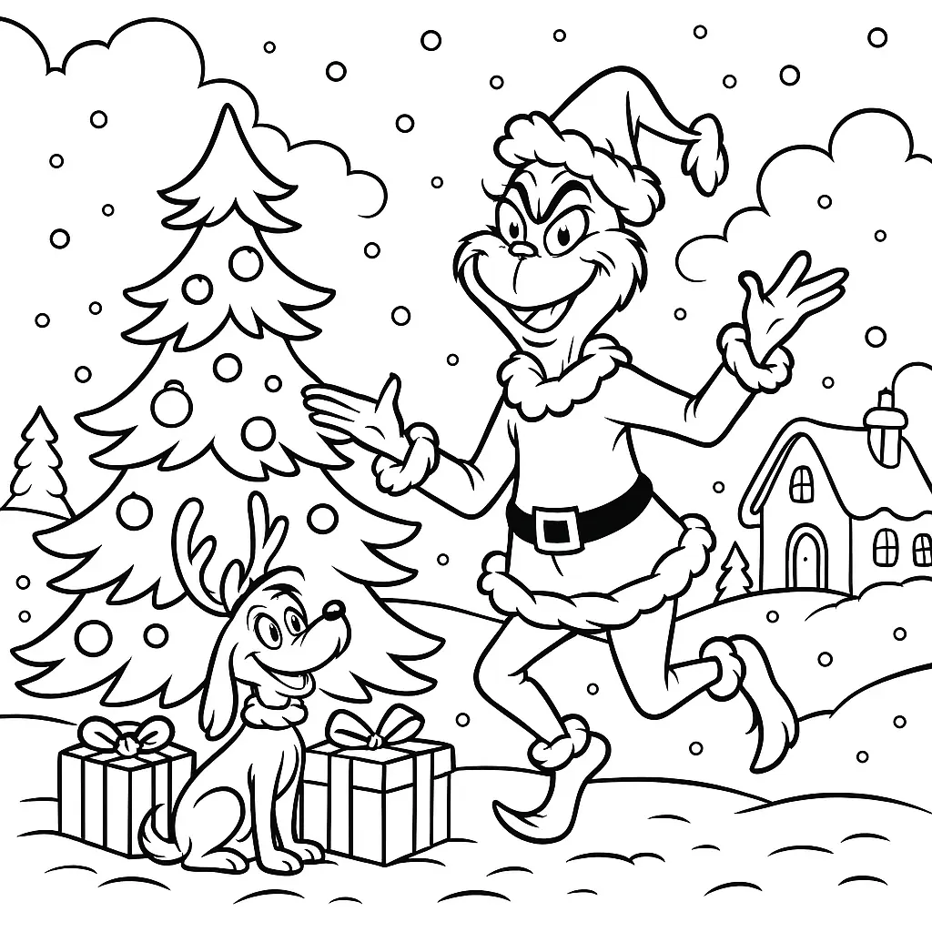 Weihnachts-Grinch-Malvorlage: Grinch feiert Weihnachten in Whoville neben einem geschmückten Tannenbaum mit Geschenken 