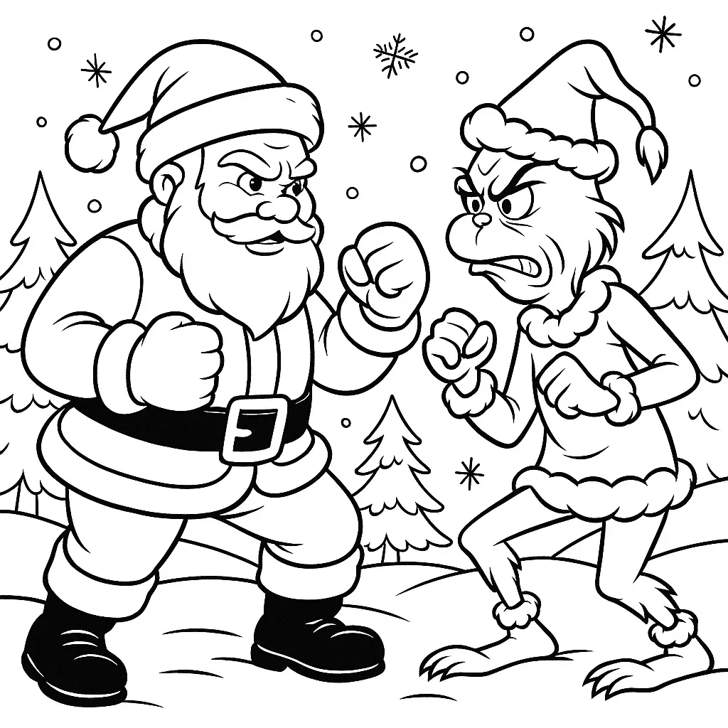 Weihnachtsmann und Grinch stehen sich kampfbereit gegenüber