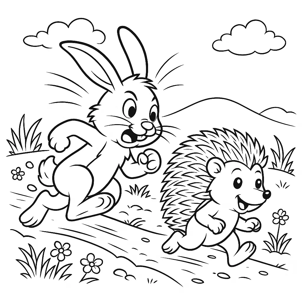 Ausmalbild vom Wettlauf zwischen Hase und Igel – lustige Szene auf einem Weg