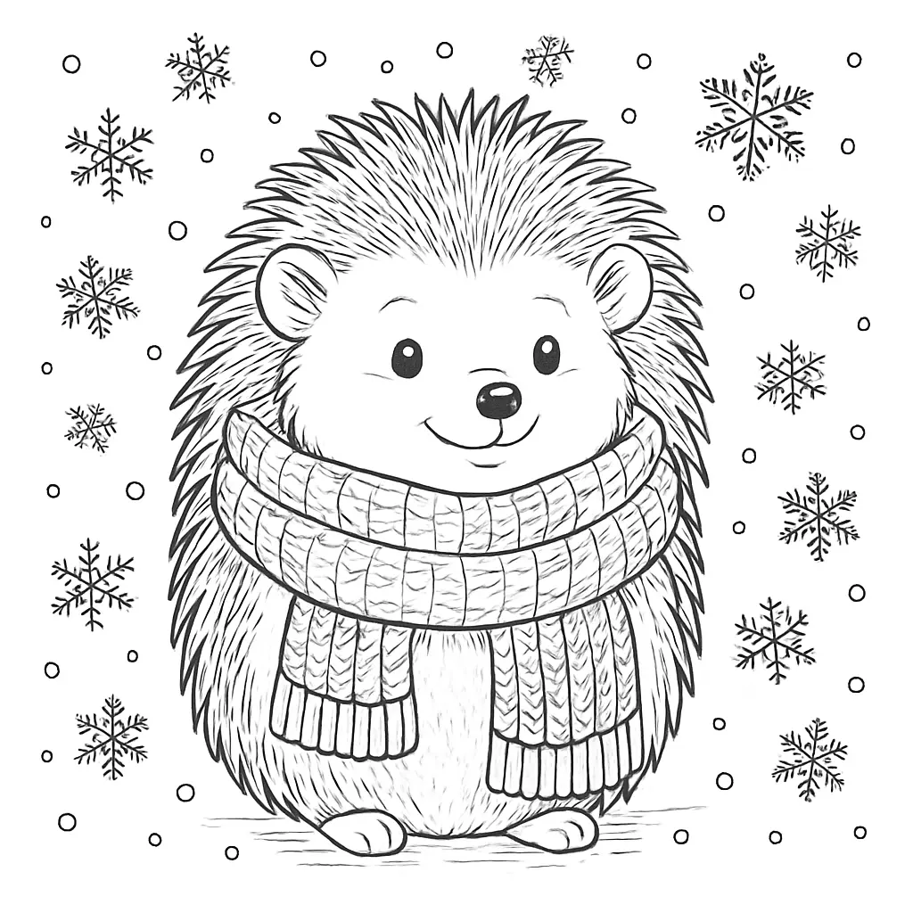 Igel mit warmem Schal umgeben von Schneeflocken – ein winterliches Ausmalbild für Kinder und Erwachsene.