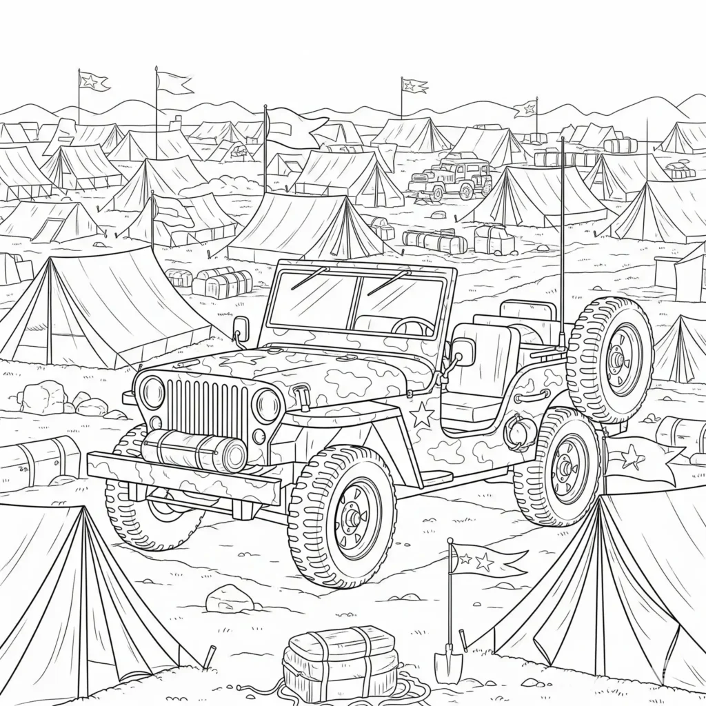 Jeep Ausmalbilder (Kostenlos Malvorlage zum Ausdrucken) Dieses PDF zeigt einen Army Jeep mit Ausrüstung. Kinder können es ausdrucken und kreativ ausmalen