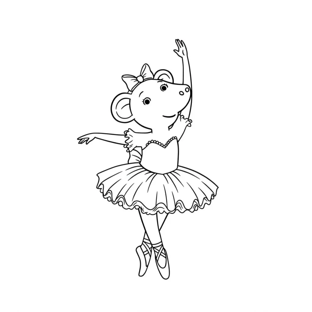 Ausmalbild von Angelina Ballerina, der beliebten Mäuse-Ballerina, in Tanzpose – detailreiche Malvorlage zum Ausdrucken und Ausmalen