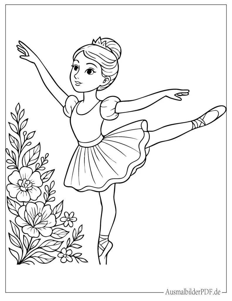 20 Ausmalbilder Ballerina (Gratis Vorlagen zum Ausdrucken) Zarte Ballerina in Arabesque-Pose als Ausmalbild, ideal für Kinder zum kreativen Ausmalen und spielerischen Lernen von Tanzbewegungen