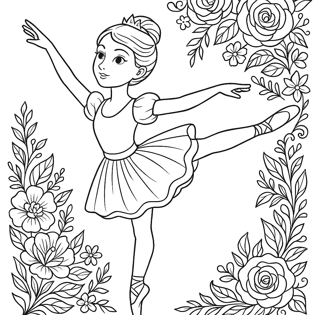 Barbie Ballerina Ausmalbild in Arabesque-Pose mit floraler Dekoration – perfekt zum Ausdrucken und Ausmalen für Kinder