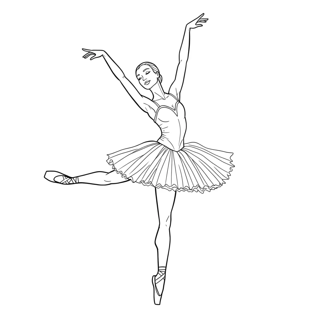 Ausmalbild einer jungen Tänzerin beim Üben im Ballettsaal vor einem großen Spiegel – perfekt zum Ausmalen und Ausdrucken