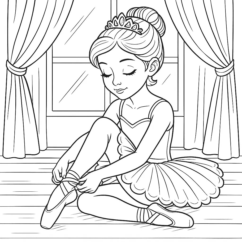 Ausmalbild einer sitzenden Ballerina, die ihre Ballettschuhe bindet – perfekt für kreative Kinder zum Ausdrucken und Ausmalen