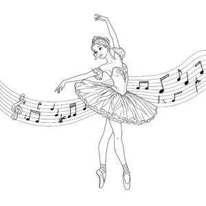 Ausmalbild einer Ballerina, die von schwebenden Musiknoten umgeben ist – kreative Malvorlage zum Ausdrucken und Ausmalen