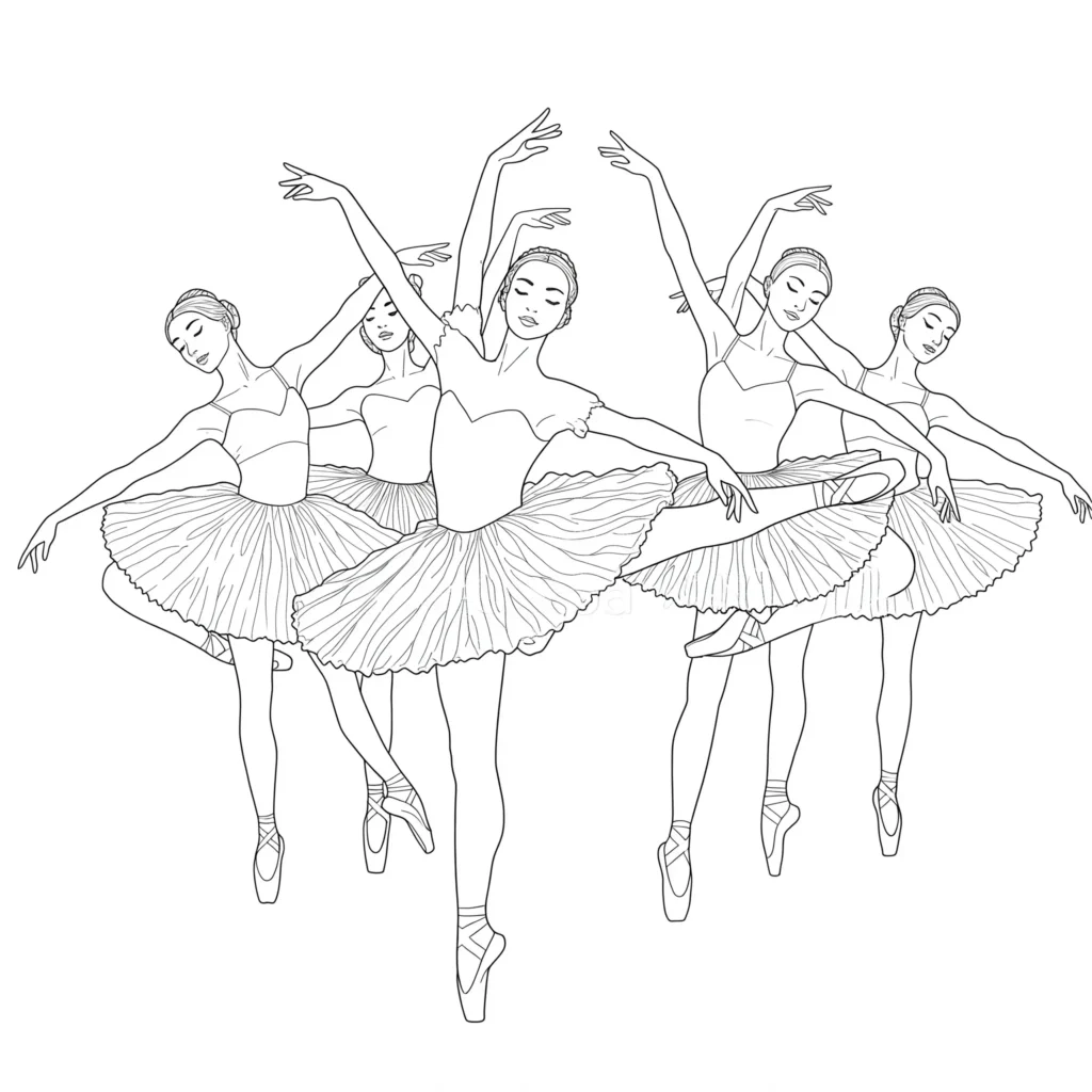 Ausmalbild einer Gruppe von Ballerinas, die eine synchronisierte Pose tanzen – detailreiche Malvorlage zum Ausdrucken