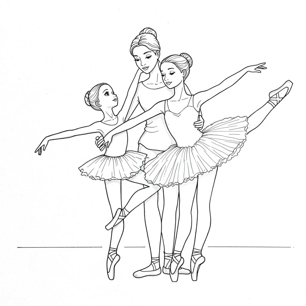 Ausmalbild einer Ballerina Lehrerin, die einer Schülerin Ballettübungen zeigt – Malvorlage zum Ausdrucken