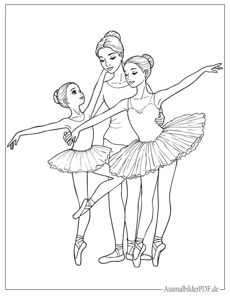20 Ausmalbilder Ballerina (Gratis Vorlagen zum Ausdrucken) Ballettszene mit einer Lehrerin, die einer Schülerin Tanzschritte zeigt, als ruhiges Ausmalbild für Kinder und kreative Lernmomente