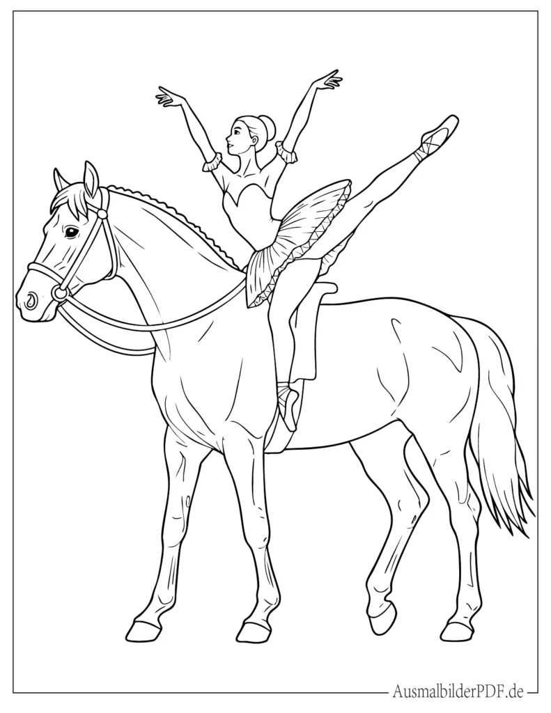 20 Ausmalbilder Ballerina (Gratis Vorlagen zum Ausdrucken) Fantastische Szene mit einer Ballerina, die elegant auf einem Pferd reitet, als kreative Malvorlage für Kinder zum Ausdrucken