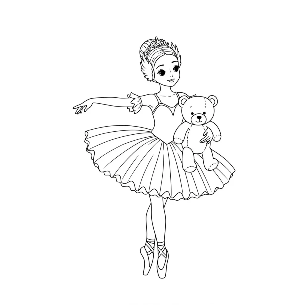 Niedliches Ausmalbild mit einer jungen Ballerina und einem Teddybär im Tutu – perfekt zum Ausdrucken und Ausmalen