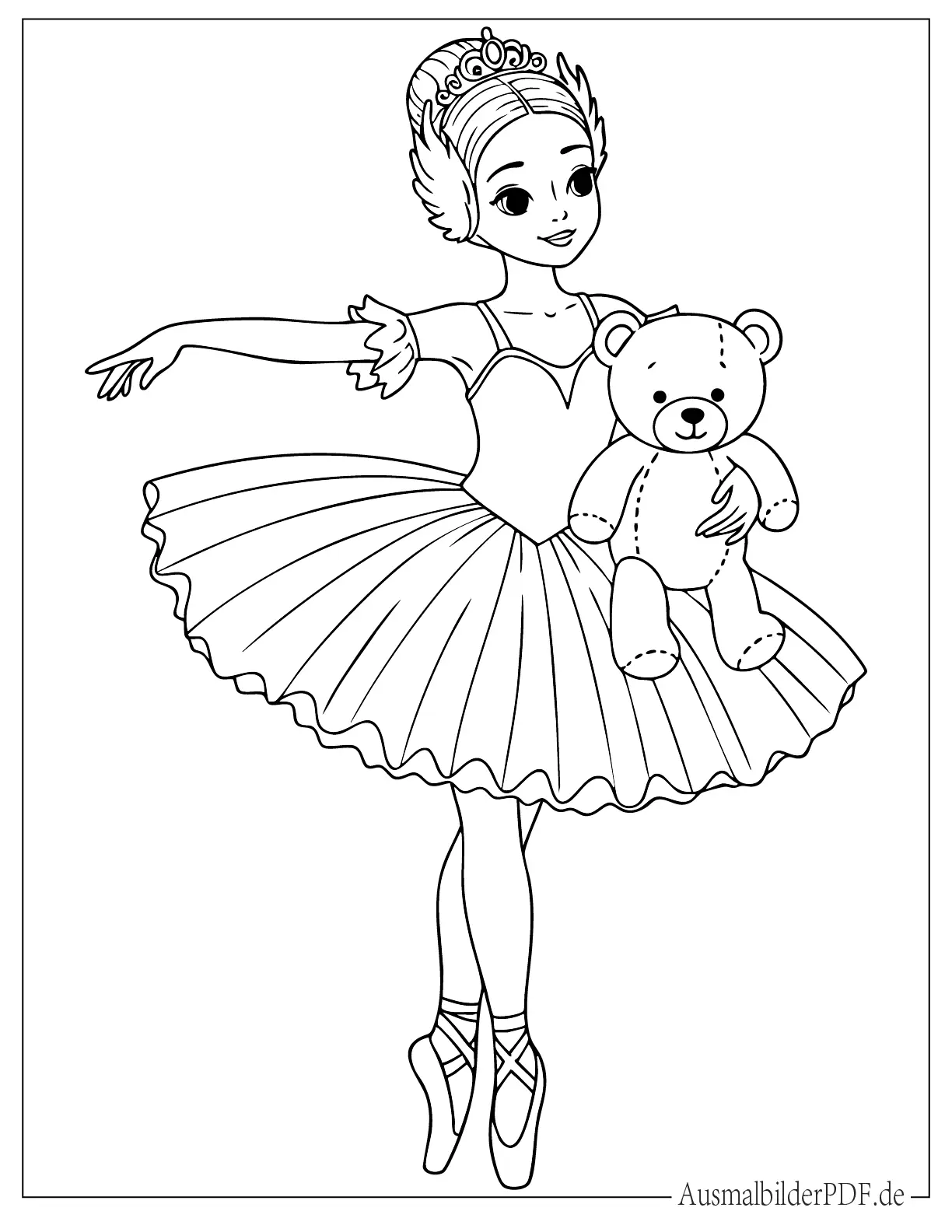 20 Ausmalbilder Ballerina (Gratis Vorlagen zum Ausdrucken) Ballerina mit Teddy Ausmalvorlage für kleine Mädchen