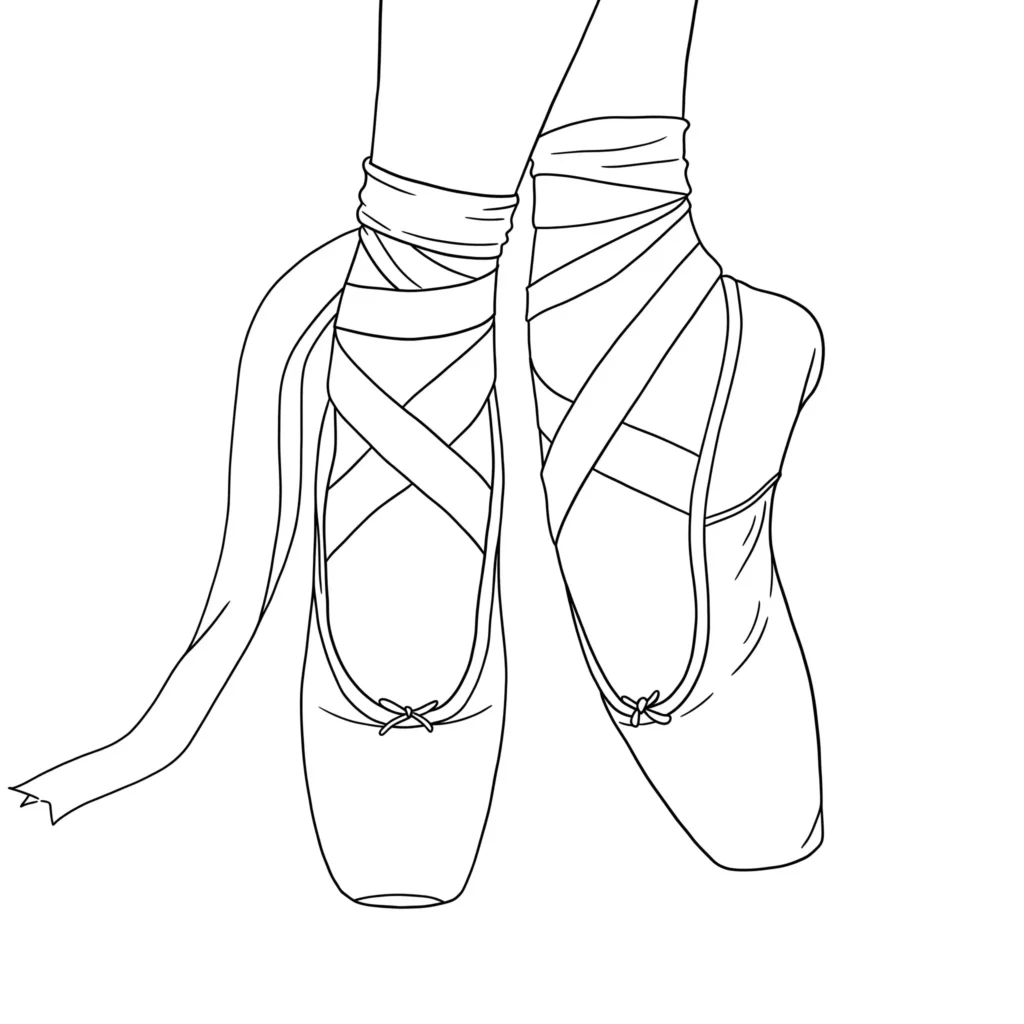 Ausmalbild von klassischen Ballettschuhen – Malvorlage zum Ausdrucken und Ausmalen für Kinder und Tanzfans