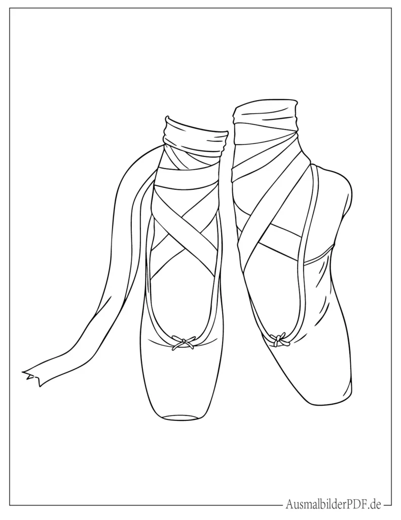 20 Ausmalbilder Ballerina (Gratis Vorlagen zum Ausdrucken) Elegante Spitzenschuhe für Ballett in detaillierter Darstellung als Ausmalbild, ideal für Kinder und Erwachsene zum kreativen Gestalten