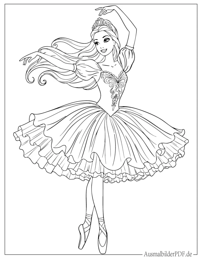 20 Ausmalbilder Ballerina (Gratis Vorlagen zum Ausdrucken) Elegante Barbie als Ballerina in einer anmutigen Tanzpose, als detailreiche Malvorlage für Kinder zum kreativen Ausmalen