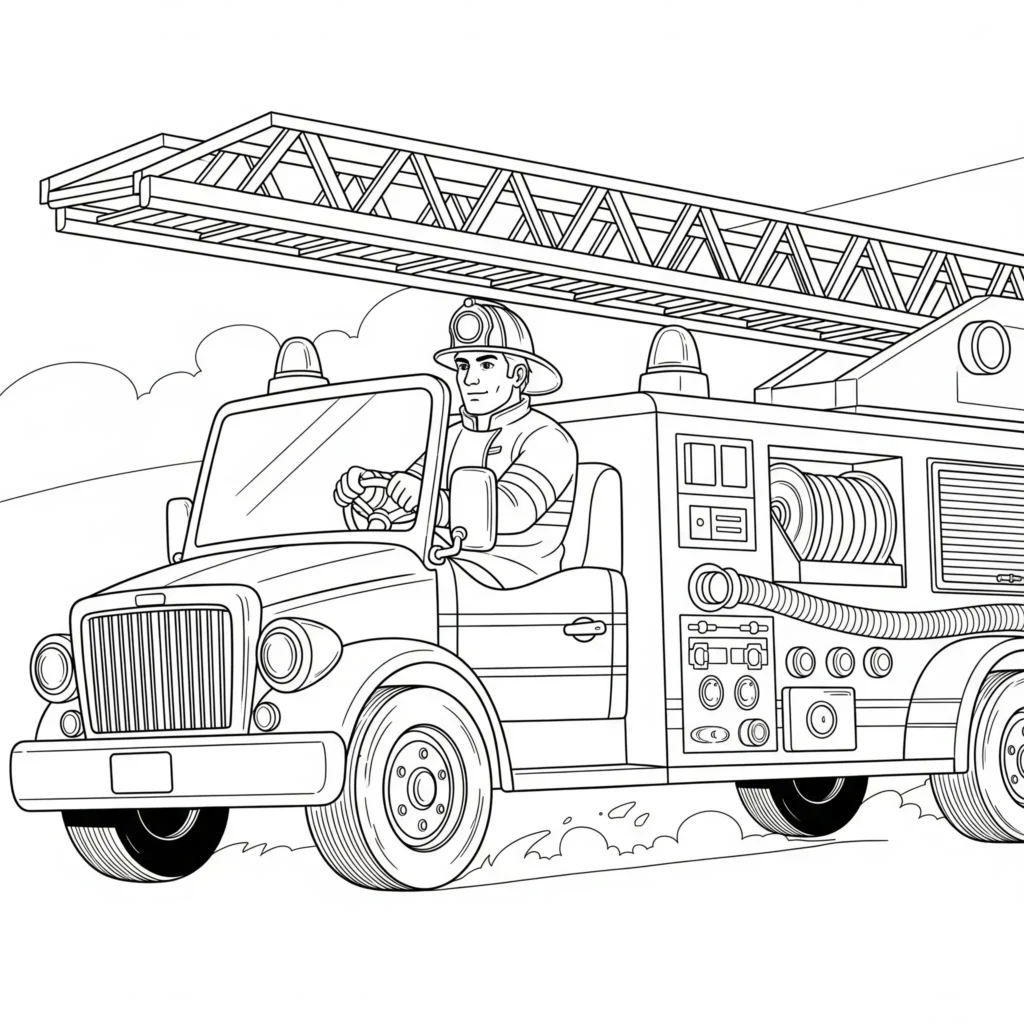 Ein Feuerwehrmann sitzt lächelnd am Steuer eines Feuerwehrautos mit Blaulicht und Sirene, bereit zum nächsten Einsatz – perfekte Malvorlage für kleine Autofans