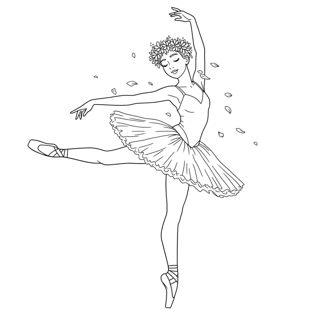 Ausmalbild einer Ballerina im Frühling mit einem hübschen Blumenkranz im Haar – detailreiche Malvorlage zum Ausdrucken und Ausmalen