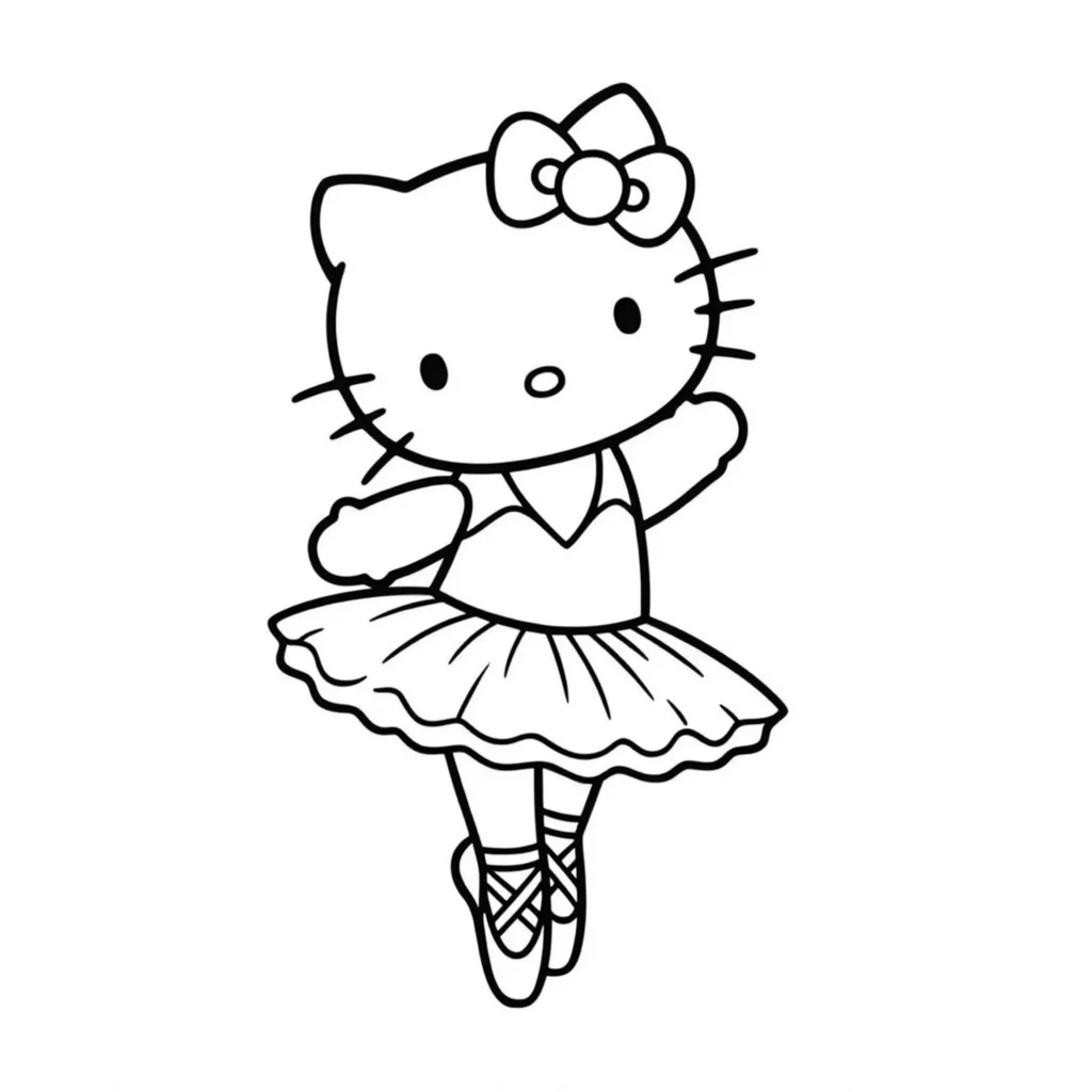 Ausmalbild von Hello Kitty als Ballerina mit Tutu – niedliche und detailreiche Malvorlage zum Ausdrucken und Ausmalen für Kinder