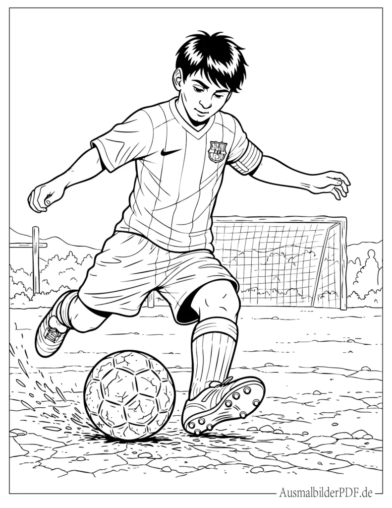 Junger Messi spielt mit einem Fußball in einer einfachen Szene, ideal für Kinder zum kreativen Ausmalen und Fußballlernen