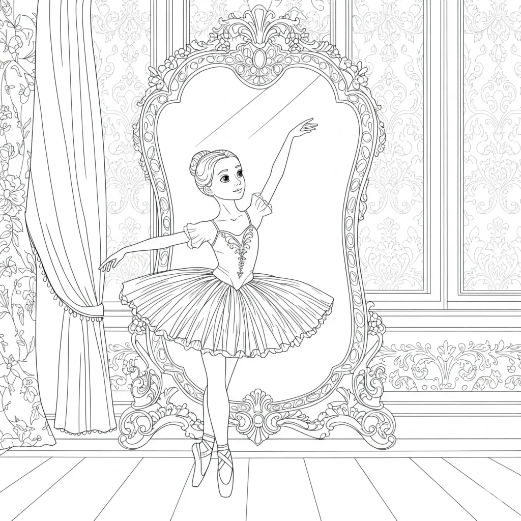 Ausmalbild einer kleinen Ballerina beim Balletttraining vor einem Spiegel – liebevoll gestaltete Malvorlage zum Ausdrucken