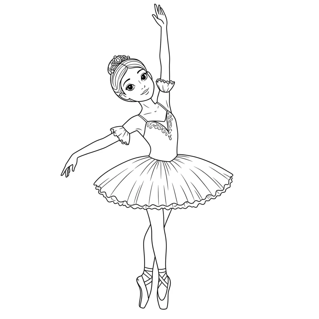 Ausmalbild einer kleinen Ballerina in süßer Pose – liebevolle Malvorlage für Kinder zum Ausmalen und Ausdrucken