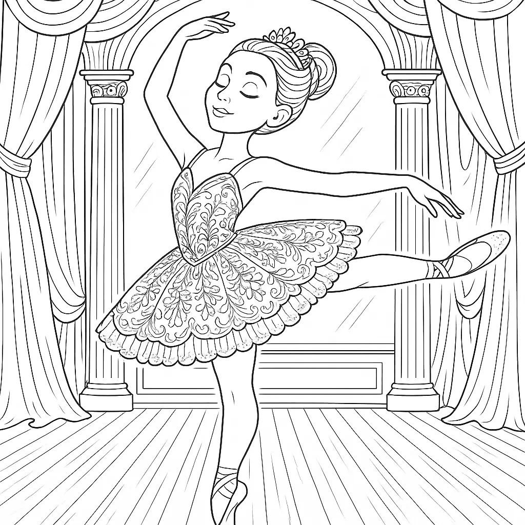 Malvorlage Ballerina zeigt eine Tänzerin bei einer Pirouette auf der Bühne – ideal zum Ausmalen und Ausdrucken für Kinder