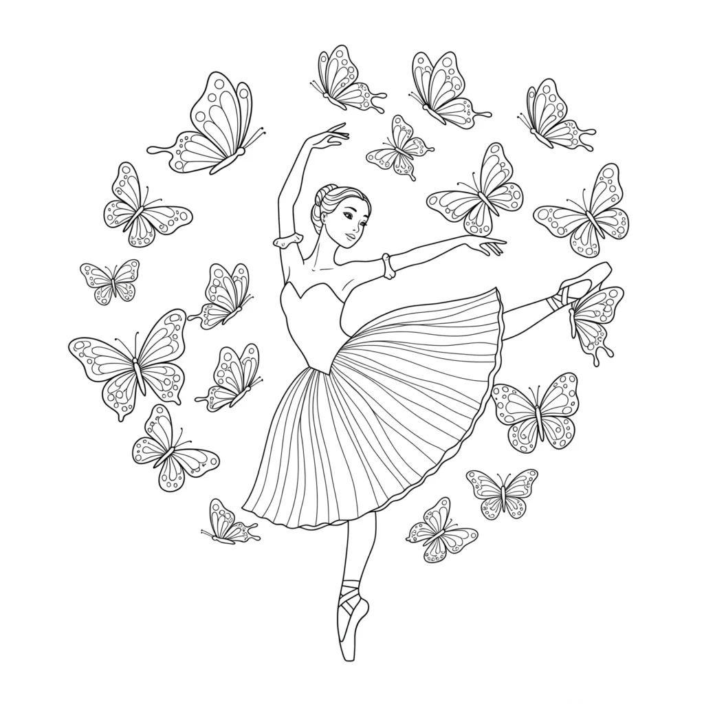 Ausmalbild einer Prima Ballerina, die mit Schmetterlingen tanzt – fantasievolle Malvorlage zum kostenlosen Ausdrucken