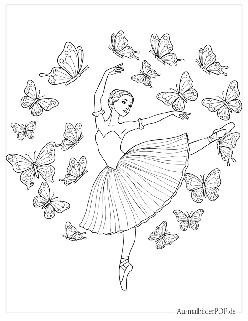 20 Ausmalbilder Ballerina (Gratis Vorlagen zum Ausdrucken) Anmutige Prima Ballerina, umgeben von fliegenden Schmetterlingen, als kreative Malvorlage für Kinder zum Ausdrucken und Ausmalen