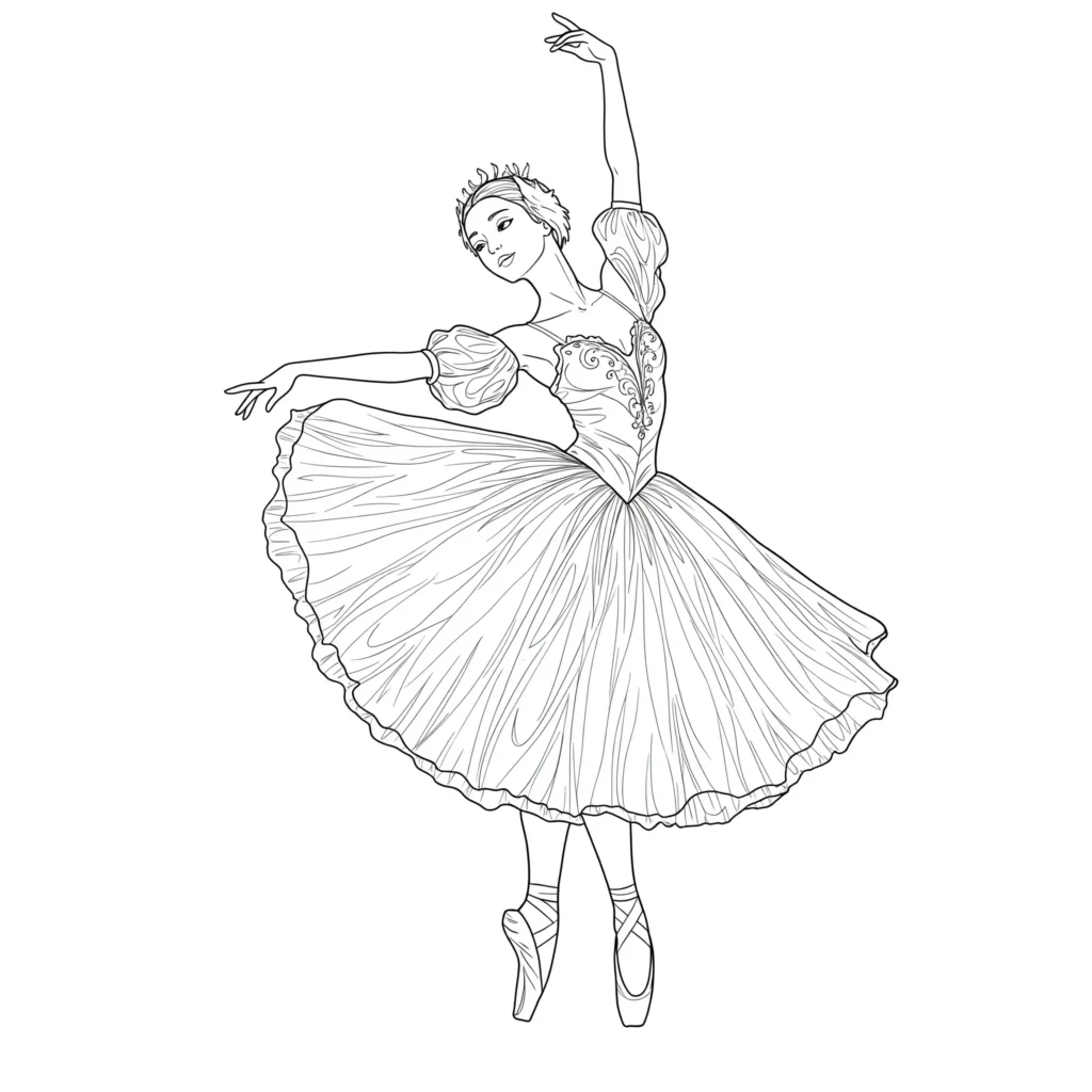 Ausmalbild einer schönen Balletttänzerin in elegantem Tanz – detailreiche Malvorlage für Kinder zum Ausdrucken und Ausmalen