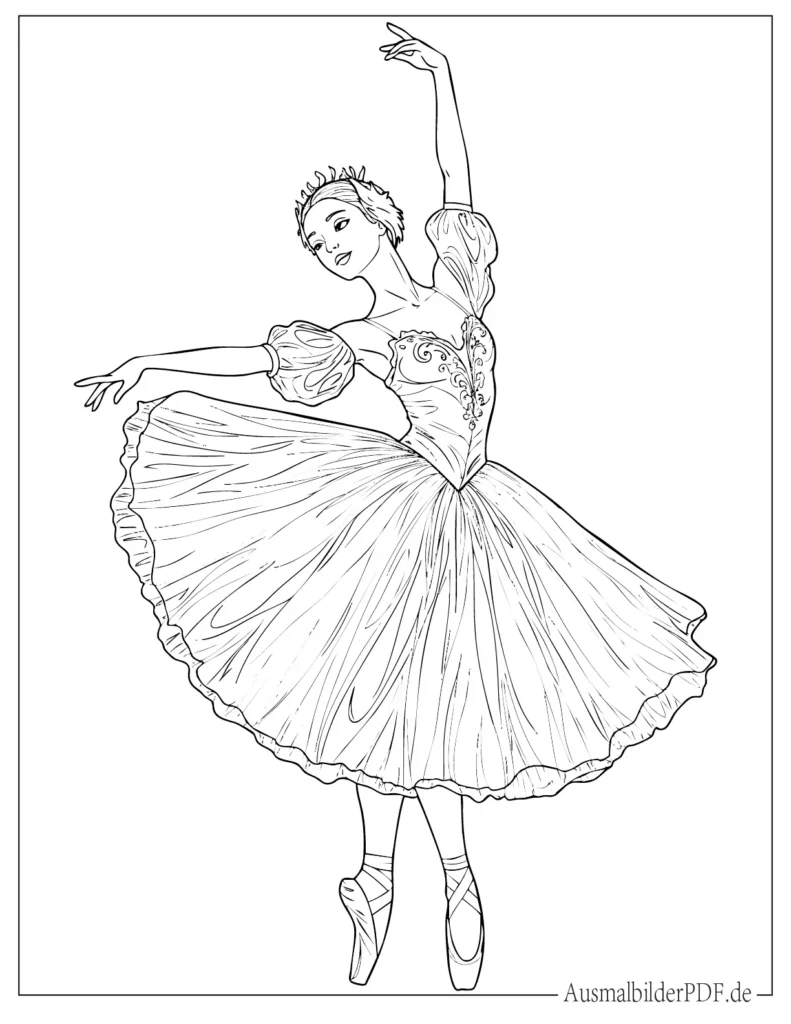 20 Ausmalbilder Ballerina (Gratis Vorlagen zum Ausdrucken) Elegante Balletttänzerin in anmutiger Pose als Malvorlage, ideal für Kinder und Erwachsene, die kreative und entspannende Ausmalbilder lieben