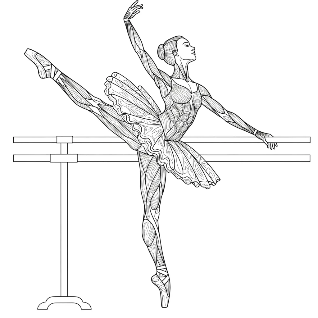 Ausmalbild einer wunderschönen Balletttänzerin in eleganter Pose mit detailreichem Tutu – perfekt zum kostenlosen Ausdrucken und Ausmalen