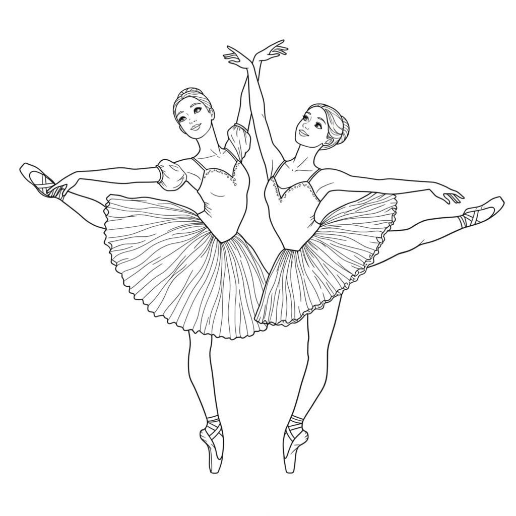 Ausmalbild von zwei Ballerinas, die zusammen im Ballettstudio trainieren – detailreiche Malvorlage zum Ausdrucken und Ausmalen