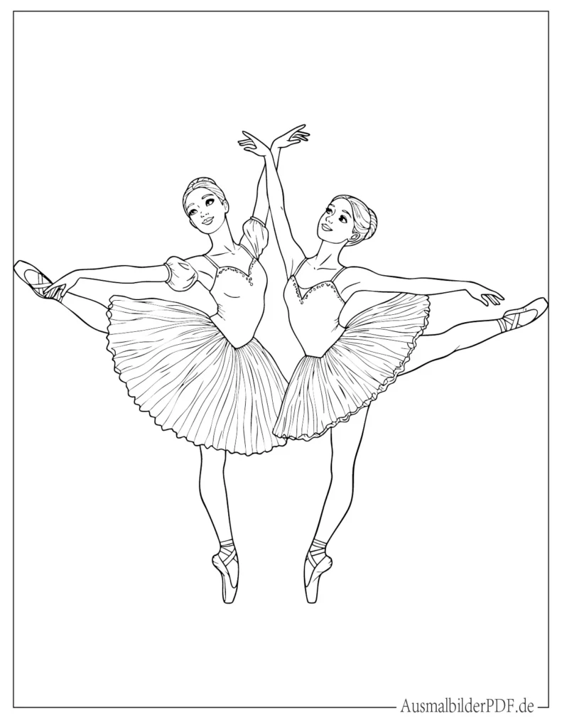 20 Ausmalbilder Ballerina (Gratis Vorlagen zum Ausdrucken) Zwei junge Ballerinas üben gemeinsam Tanzschritte im Studio, als Malbild gestaltet für Kinder, die Freude an Ballett und kreativem Ausmalen haben