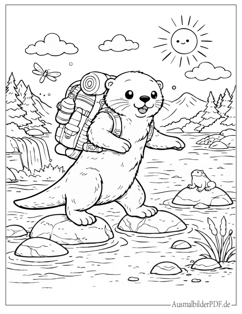 Ausmalbild eines abenteuerlichen Otters mit Rucksack, der einen Fluss überquert, ideal für Kinder zum Ausmalen und Ausdrucken