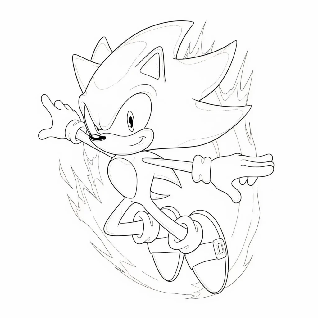 Action Super Sonic Ausmalbild für Kinder als PDF zum Ausdrucken in dynamischer Flugpose