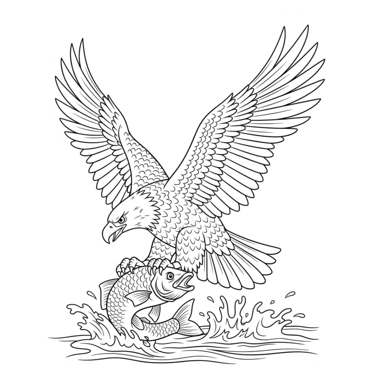 Ausmalbild eines Adlers, der einen Fisch aus dem Wasser fängt, zum Ausdrucken und Ausmalen für Kinder