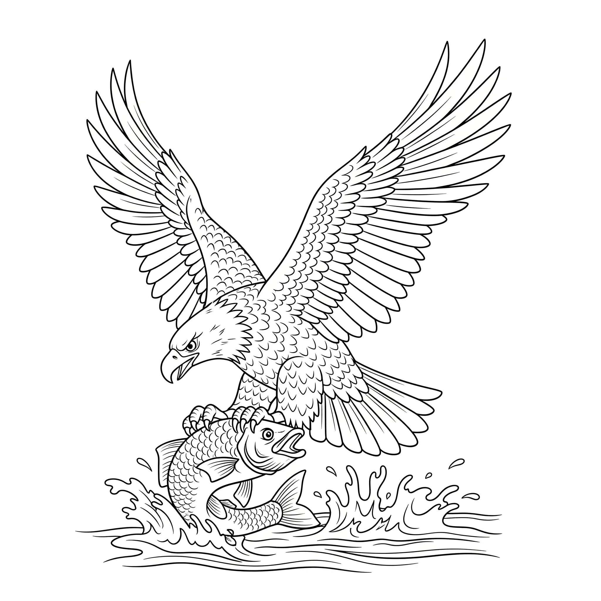 Ausmalbild eines Adlers, der einen Fisch aus dem Wasser fängt, zum Ausdrucken und Ausmalen für Kinder