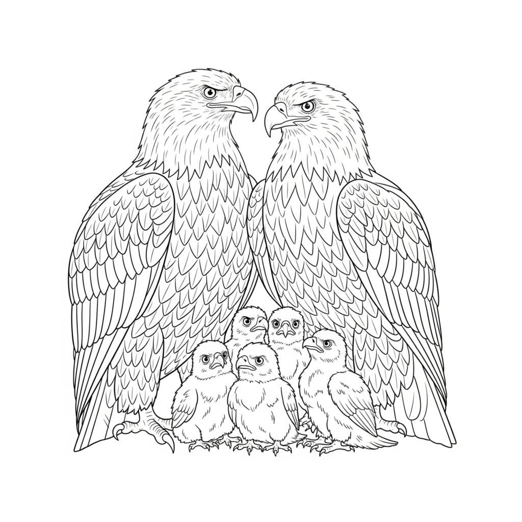 Ausmalbild einer Adler Familie mit Eltern und Jungtieren zum Ausdrucken und Ausmalen für Kinder