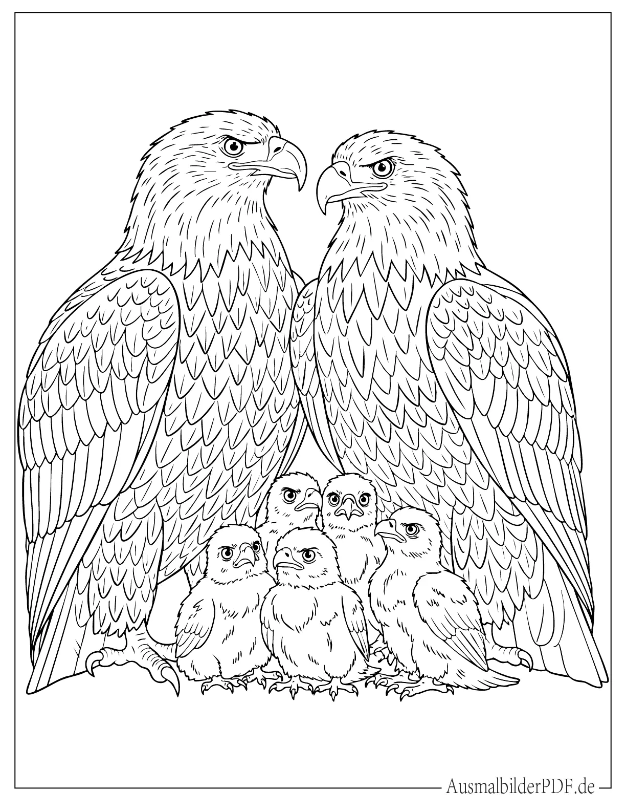 10+ Ausmalbilder Adler (Gratis zum Ausdrucken und Ausmalen) Ausmalbild einer Adler Familie mit fünf Küken, ideal für Kinder zum Ausdrucken und kreativen Ausmalen mit klaren Linien