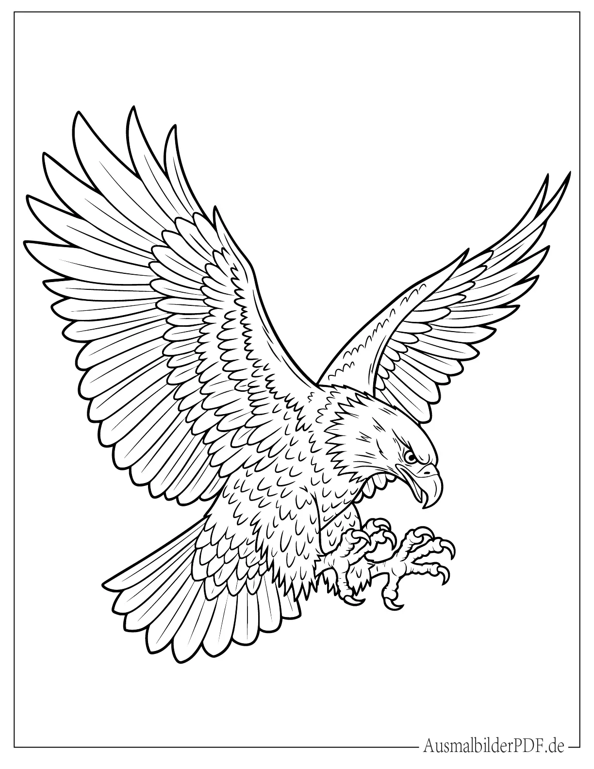 10+ Ausmalbilder Adler (Gratis zum Ausdrucken und Ausmalen) Ausmalblatt von einem Adler im Jagdflug für Kinder, ideal zum Ausdrucken und Ausmalen mit klaren Linien und dynamischer Pose