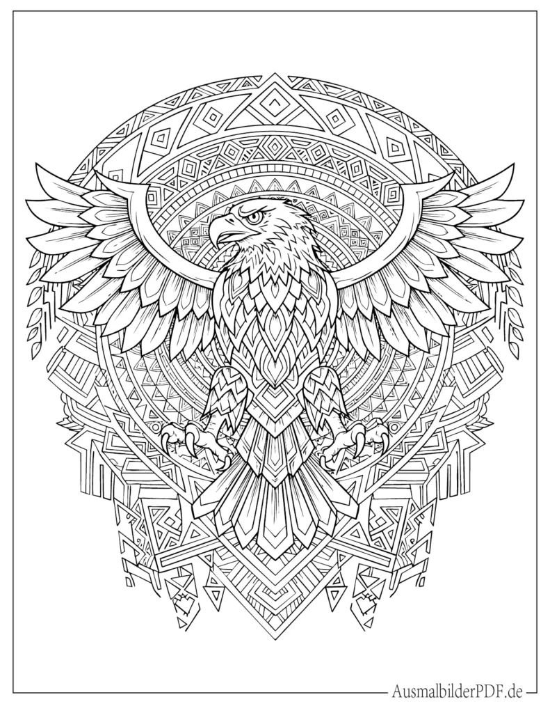 Ausmalbild eines detailreichen Adler Mandalas für Erwachsene, ideal zum Ausdrucken und entspannenden Ausmalen