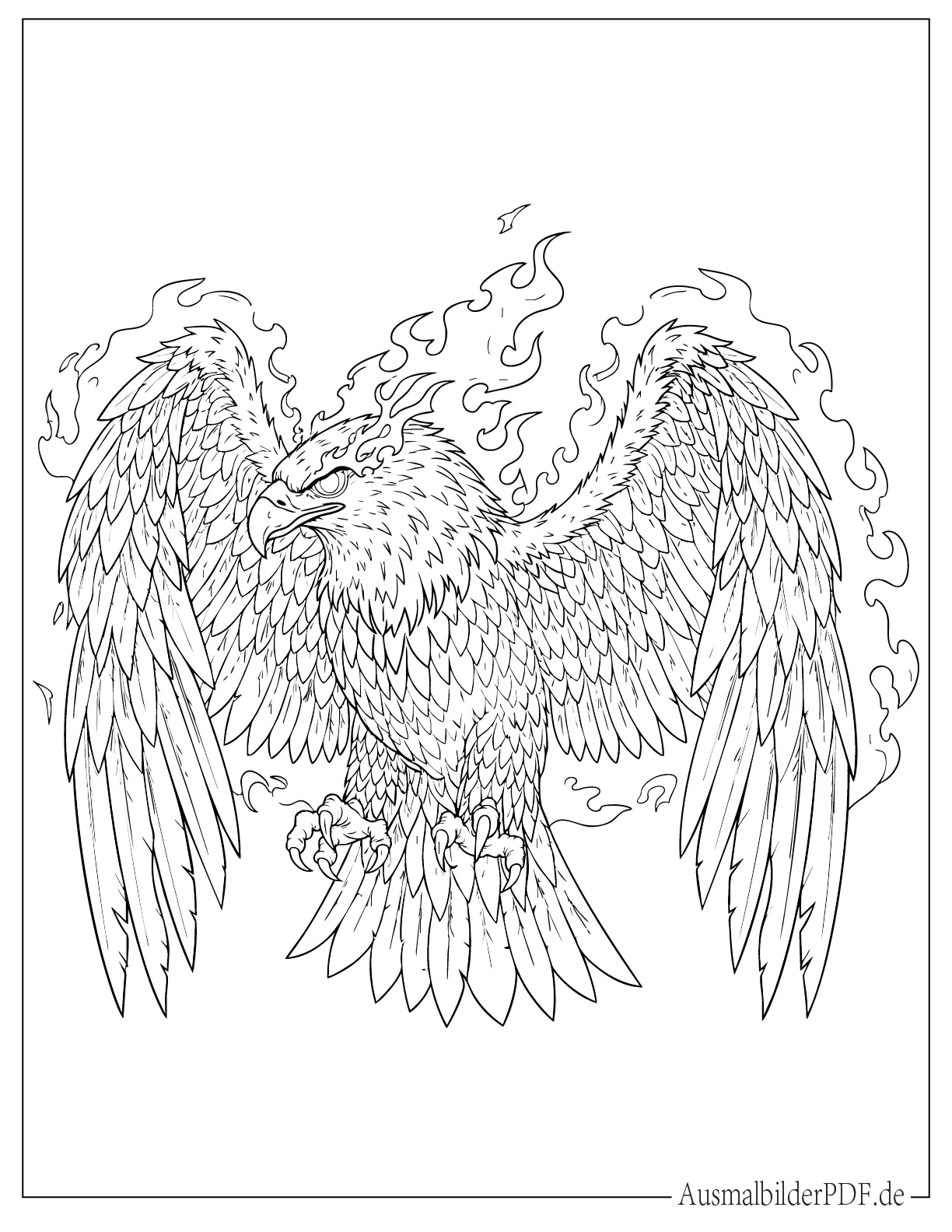 10+ Ausmalbilder Adler (Gratis zum Ausdrucken und Ausmalen) mächtigen Adlers mit Flügeln aus Feuer, ideal zum Ausdrucken und kreativen Ausmalen für Erwachsene