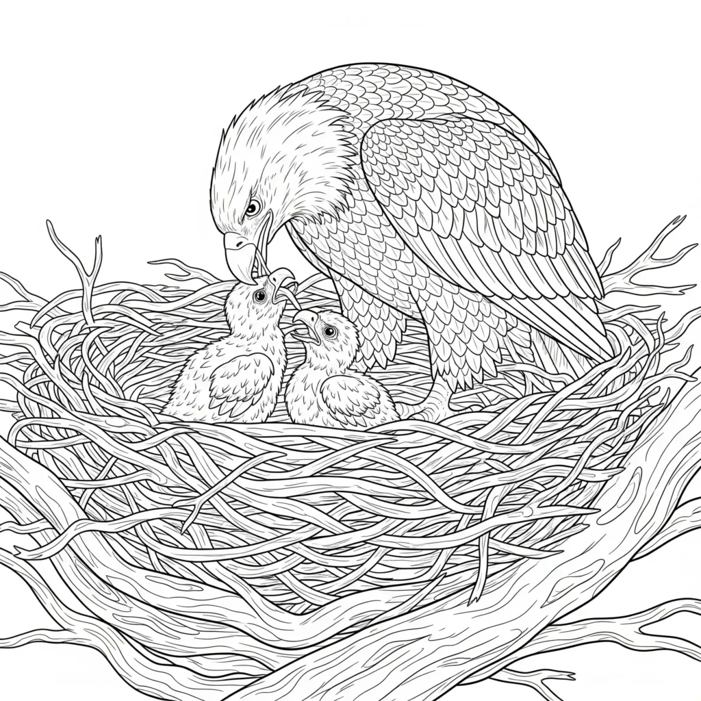 Ausmalbild eines Adler Nests mit Baby Küken zum Ausdrucken und Ausmalen für Kinder